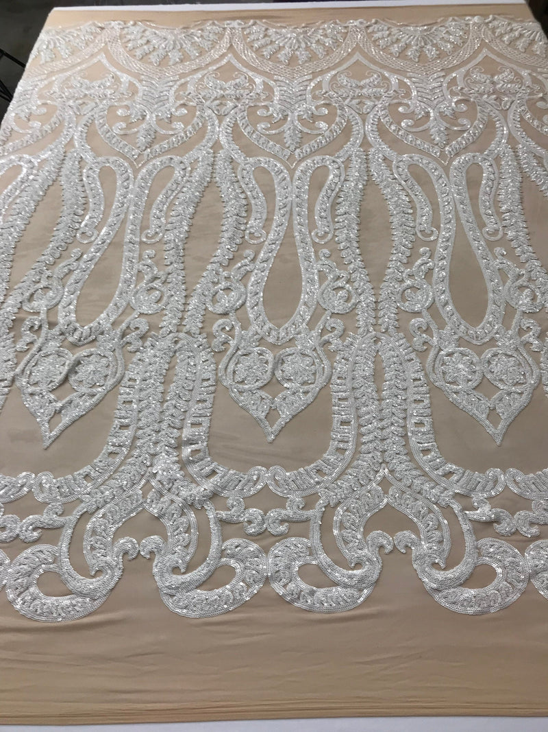 White Sequins Lace Fabric On Nude Mesh, DAMASK Design Embroidered On 4 way Stretch Sequin By The Yard -Prom-Gown ( Choose The Size )
