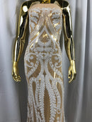 White Sequins Lace Fabric On Nude Mesh, DAMASK Design Embroidered On 4 way Stretch Sequin By The Yard -Prom-Gown ( Choose The Size )