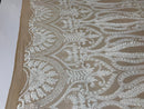 White Sequins Lace Fabric On Nude Mesh, DAMASK Design Embroidered On 4 way Stretch Sequin By The Yard -Prom-Gown ( Choose The Size )
