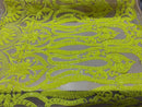 Yellow Sequins Lace Fabric On Nude Mesh, DAMASK Design Embroidered On 4 way Stretch Sequin By The Yard -Prom-Gown ( Choose The Size )