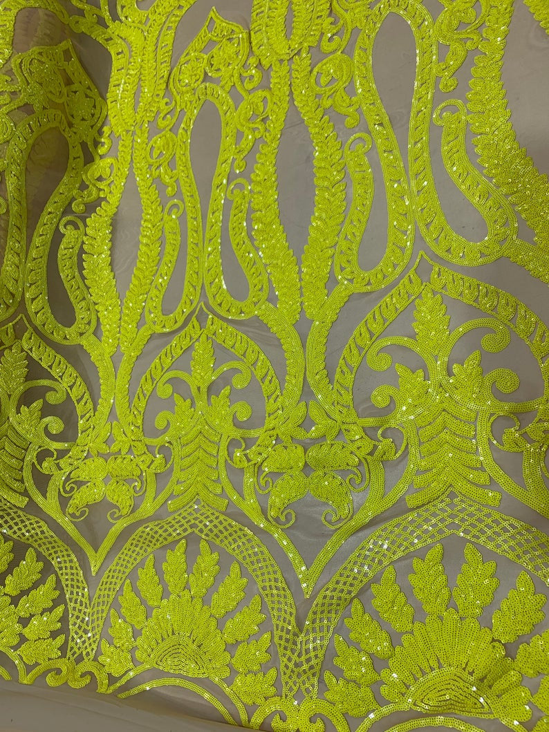 Yellow Sequins Lace Fabric On Nude Mesh, DAMASK Design Embroidered On 4 way Stretch Sequin By The Yard -Prom-Gown ( Choose The Size )