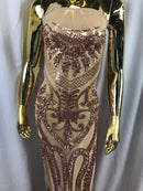 Rose Gold Sequins Lace Fabric On Nude Mesh, DAMASK Design Embroidered On 4 way Stretch Sequin By The Yard -Prom-Gown ( Choose The Size )