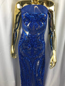 Royal Blue Sequins Lace Fabric On a Mesh, DAMASK Design Embroidered On 4 way Stretch Sequin By The Yard -Prom-Gown ( Choose The Size )