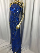 Royal Blue Sequins Lace Fabric On a Mesh, DAMASK Design Embroidered On 4 way Stretch Sequin By The Yard -Prom-Gown ( Choose The Size )