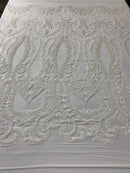 White Sequins Lace Fabric On a Mesh, DAMASK Design Embroidered On 4 way Stretch Sequin By The Yard -Prom-Gown ( Choose The Size )