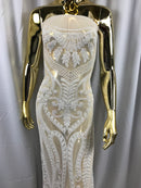 White Sequins Lace Fabric On a Mesh, DAMASK Design Embroidered On 4 way Stretch Sequin By The Yard -Prom-Gown ( Choose The Size )