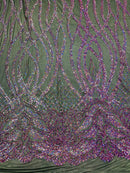Holographic Sequin on Black Mesh Embroidered With Sequins Fabric 4 Way Stretch Wavy Line Sequins Design Sequin Fabric Mesh, Prom-Gown By the