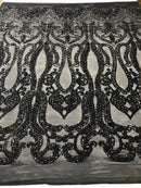 Black Sequins Lace Fabric On a Mesh, DAMASK Design Embroidered On 4 way Stretch Sequin By The Yard -Prom-Gown ( Choose The Size )