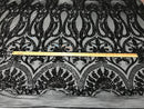 Black Sequins Lace Fabric On a Mesh, DAMASK Design Embroidered On 4 way Stretch Sequin By The Yard -Prom-Gown ( Choose The Size )