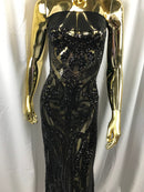 Black Sequins Lace Fabric On a Mesh, DAMASK Design Embroidered On 4 way Stretch Sequin By The Yard -Prom-Gown ( Choose The Size )