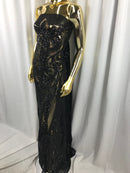 Black Sequins Lace Fabric On a Mesh, DAMASK Design Embroidered On 4 way Stretch Sequin By The Yard -Prom-Gown ( Choose The Size )