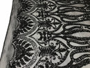 Black Sequins Lace Fabric On a Mesh, DAMASK Design Embroidered On 4 way Stretch Sequin By The Yard -Prom-Gown ( Choose The Size )