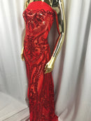 Red Sequins Lace Fabric On a Mesh, DAMASK Design Embroidered On 4 way Stretch Sequin By The Yard -Prom-Gown ( Choose The Size )