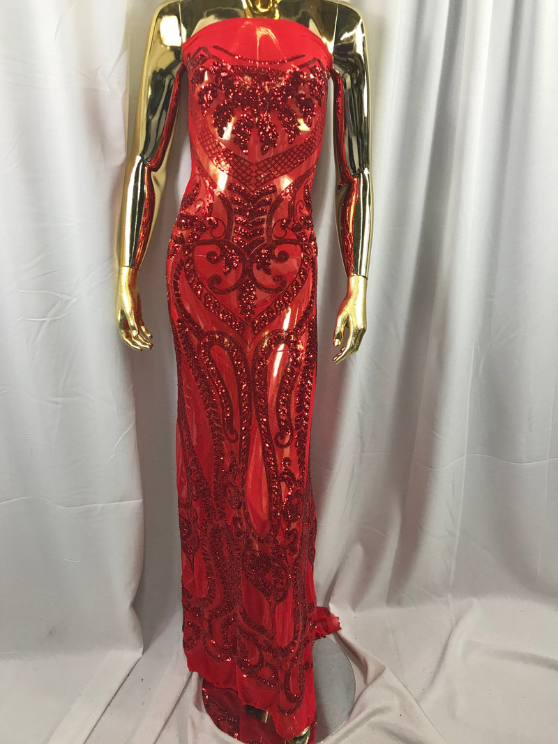 Red Sequins Lace Fabric On a Mesh, DAMASK Design Embroidered On 4 way Stretch Sequin By The Yard -Prom-Gown ( Choose The Size )