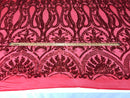 Red Sequins Lace Fabric On a Mesh, DAMASK Design Embroidered On 4 way Stretch Sequin By The Yard -Prom-Gown ( Choose The Size )