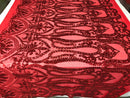 Red Sequins Lace Fabric On a Mesh, DAMASK Design Embroidered On 4 way Stretch Sequin By The Yard -Prom-Gown ( Choose The Size )