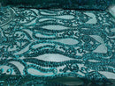 Jade Green Sequins Lace Fabric On a Mesh, DAMASK Design Embroidered On 4 way Stretch Sequin By The Yard -Prom-Gown ( Choose The Size )