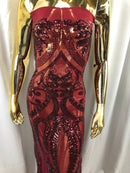 Burgundy Sequins Lace Fabric On a Mesh, DAMASK Design Embroidered On 4 way Stretch Sequin By The Yard -Prom-Gown ( Choose The Size )