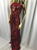 Burgundy Sequins Lace Fabric On a Mesh, DAMASK Design Embroidered On 4 way Stretch Sequin By The Yard -Prom-Gown ( Choose The Size )