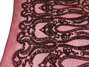 Burgundy Sequins Lace Fabric On a Mesh, DAMASK Design Embroidered On 4 way Stretch Sequin By The Yard -Prom-Gown ( Choose The Size )