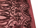 Burgundy Sequins Lace Fabric On a Mesh, DAMASK Design Embroidered On 4 way Stretch Sequin By The Yard -Prom-Gown ( Choose The Size )