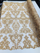 Gold Lace Fabric, Corded Flower Embroidery With Sequins on a Mesh Lace Fabric By The Yard For Gown, Wedding-Bridal-Dress