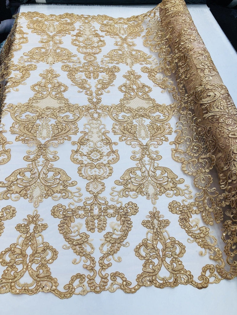 Gold Lace Fabric, Corded Flower Embroidery With Sequins on a Mesh Lace Gold Lace Fabric, Corded Flower Embroidery With Sequins on a Mesh Lace