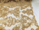Gold Lace Fabric, Corded Flower Embroidery With Sequins on a Mesh Lace Fabric By The Yard For Gown, Wedding-Bridal-Dress