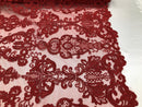 Red Lace Fabric, Corded Flower Embroidery With Sequins on a Mesh Lace Fabric By The Yard For Gown, Wedding-Bridal-Dress