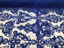 Royal Blue Lace Fabric, Corded Flower Embroidery With Sequins on a Mesh Lace Fabric By The Yard For Gown, Wedding-Bridal-Dress