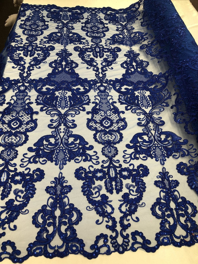 Royal Blue Lace Fabric, Corded Flower Embroidery With Sequins on a Mesh Lace Fabric By The Yard For Gown, Wedding-Bridal-Dress