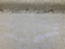 Ivory Lace Fabric, Corded Flower Embroidery With Sequins on a Mesh Lace Fabric By The Yard For Gown, Wedding-Bridal-Dress