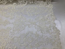 Ivory Lace Fabric, Corded Flower Embroidery With Sequins on a Mesh Lace Fabric By The Yard For Gown, Wedding-Bridal-Dress