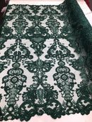 Hunter Green Lace Fabric, Corded Flower Embroidery With Sequins on a Mesh Lace Fabric By The Yard For Gown, Wedding-Bridal-Dress