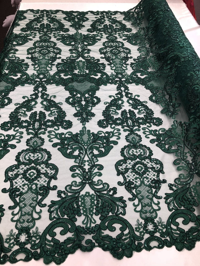 Hunter Green Lace Fabric, Corded Flower Embroidery With Sequins on a Mesh Lace Fabric By The Yard For Gown, Wedding-Bridal-Dress