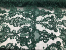 Hunter Green Lace Fabric, Corded Flower Embroidery With Sequins on a Mesh Lace Fabric By The Yard For Gown, Wedding-Bridal-Dress