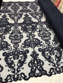 Navy Lace Fabric, Corded Flower Embroidery With Sequins on a Mesh Lace Fabric By The Yard For Gown, Wedding-Bridal-Dress