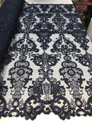 Navy Lace Fabric, Corded Flower Embroidery With Sequins on a Mesh Lace Fabric By The Yard For Gown, Wedding-Bridal-Dress