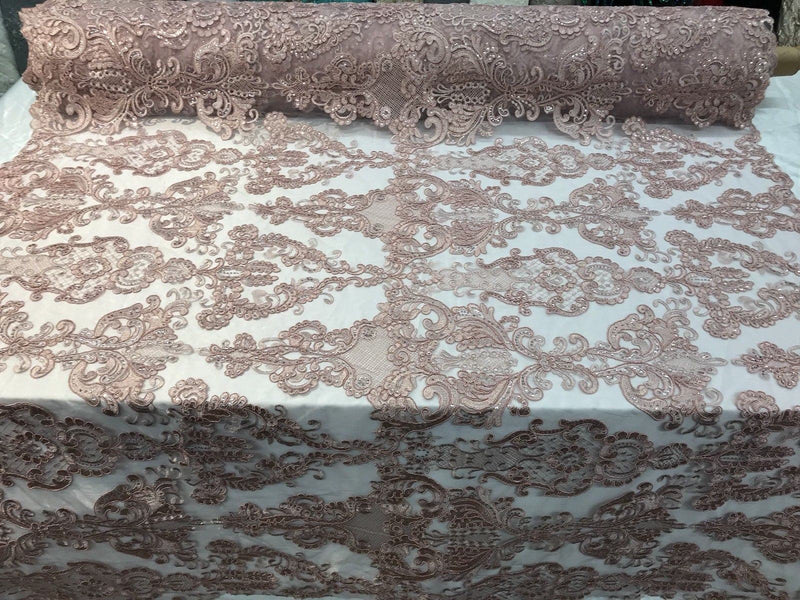 Dusty Rose Fabric, Corded Flower Embroidery With Sequins on a Mesh Lace Fabric By The Yard For Gown, Wedding-Bridal-Dress