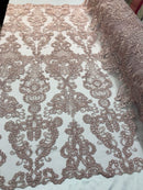 Dusty Rose Fabric, Corded Flower Embroidery With Sequins on a Mesh Lace Fabric By The Yard For Gown, Wedding-Bridal-Dress