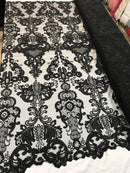 Black Fabric, Corded Flower Embroidery With Sequins on a Mesh Lace Fabric By The Yard For Gown, Wedding-Bridal-Dress