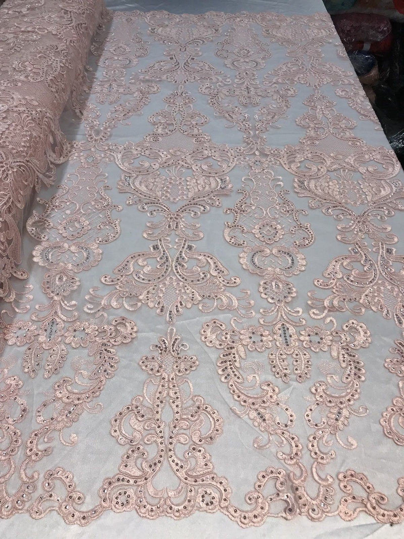 Pink Fabric, Corded Flower Embroidery With Sequins on a Mesh Lace Fabric By The Yard For Gown, Wedding-Bridal-Dress