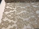 Taupe Lace Fabric, Corded Flower Embroidery With Sequins on a Mesh Lace Fabric By The Yard For Gown, Wedding-Bridal-Dress