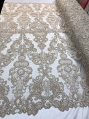 Taupe Lace Fabric, Corded Flower Embroidery With Sequins on a Mesh Lace Fabric By The Yard For Gown, Wedding-Bridal-Dress