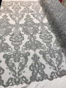 Silver Lace Fabric, Corded Flower Embroidery With Sequins on a Mesh Lace Fabric By The Yard For Gown, Wedding-Bridal-Dress