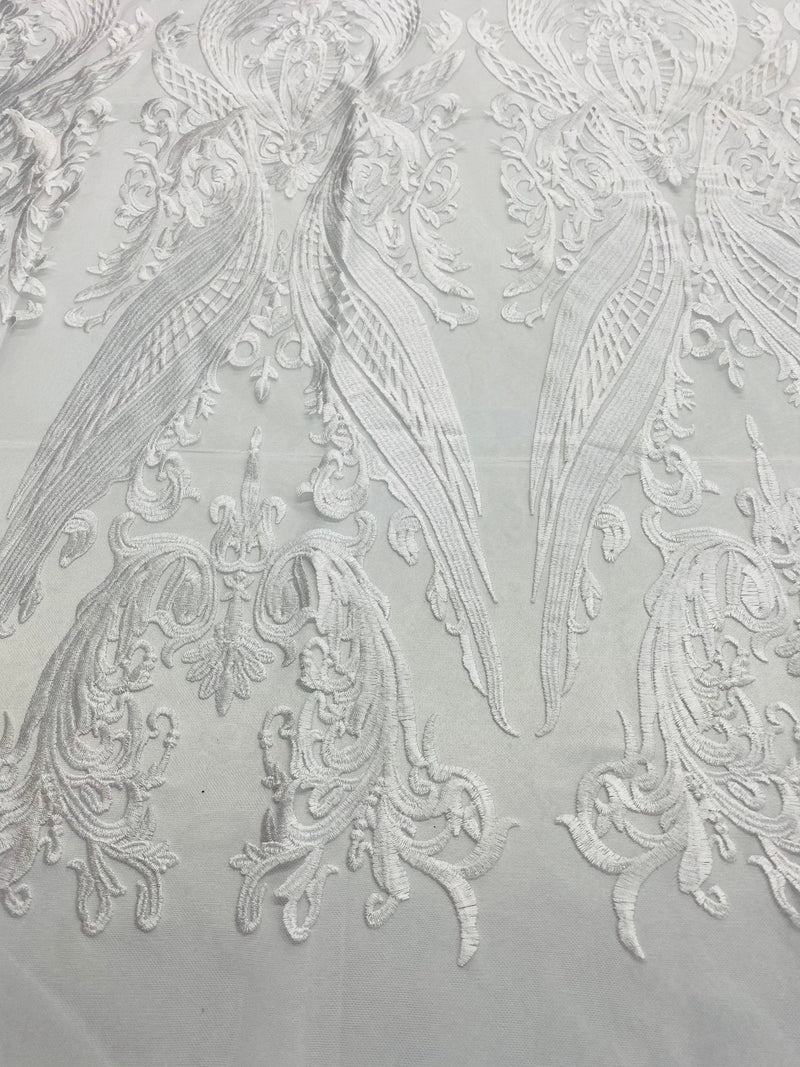 White Lace Fabric, Corded Lace Embroidery on a Mesh Lace Fabric By The Yard For Gown, Wedding-Bridal-Dress (Choose The Size)