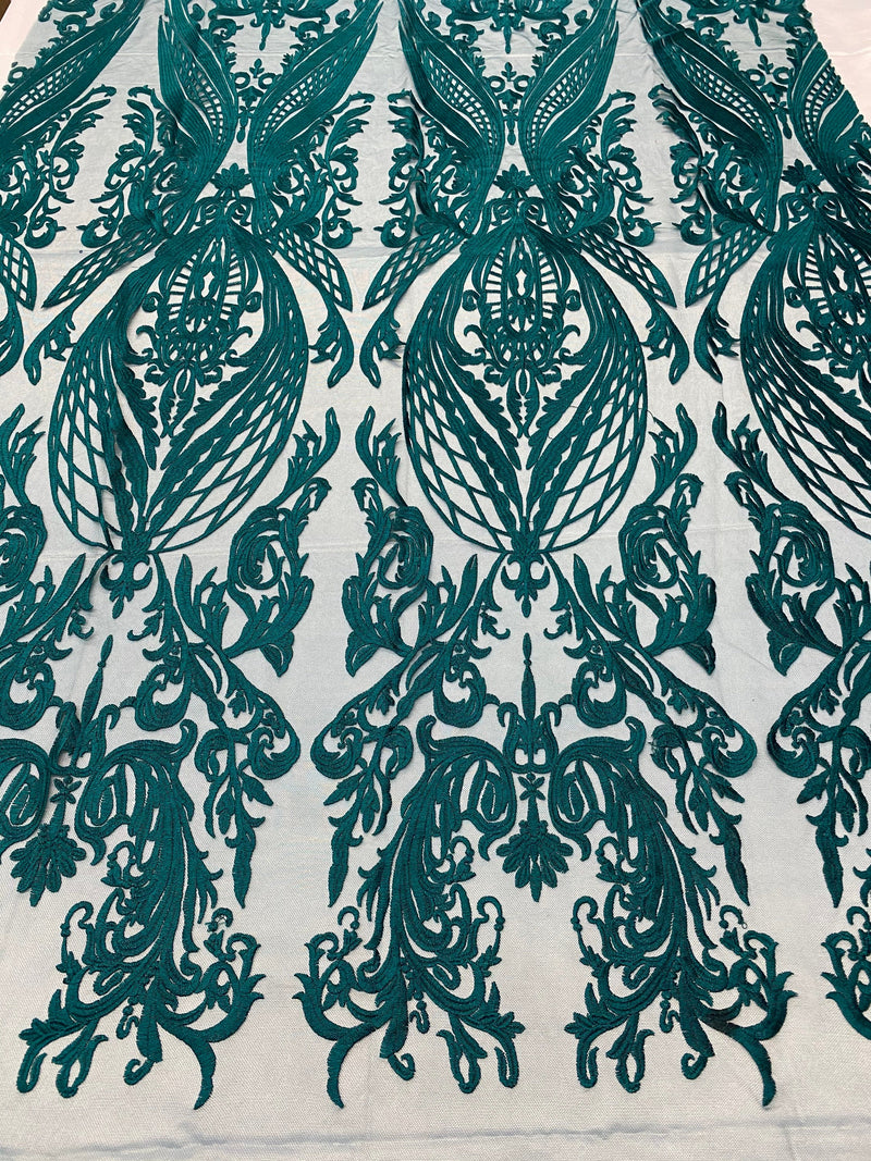 Teal Green Lace Fabric, Corded Lace Embroidery on a Mesh Lace Fabric By The Yard For Gown, Wedding-Bridal-Dress (Choose The Size)