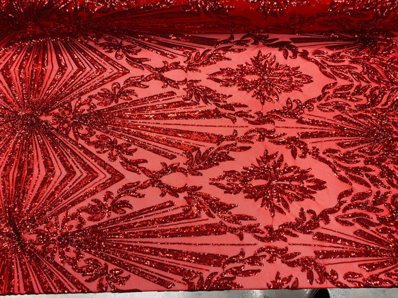 Red Sequins Lace Fabric On a Mesh, Geometric Design Embroidered On 4 way Stretch Sequin By The Yard -Prom-Gown ( Choose The Size )