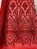 Red Sequins Lace Fabric On a Mesh, Geometric Design Embroidered On 4 way Stretch Sequin By The Yard -Prom-Gown ( Choose The Size )