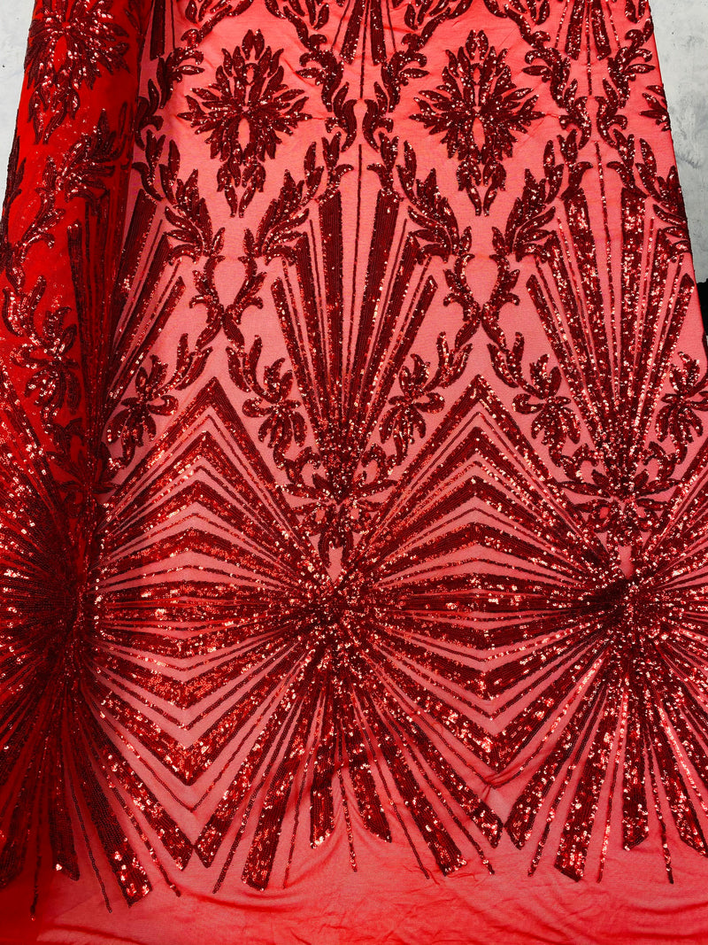 Red Sequins Lace Fabric On a Mesh, Geometric Design Embroidered On 4 way Stretch Sequin By The Yard -Prom-Gown ( Choose The Size )